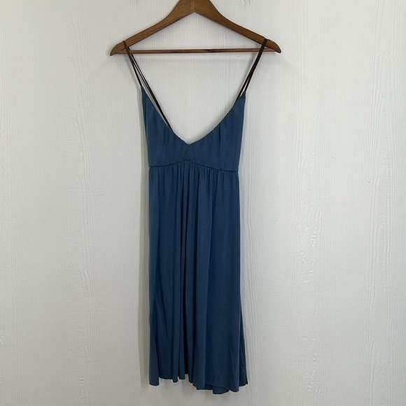 Free People - Blue V Neck With Brown Suede Spaghetti Straps Mini Dress Medium - Picture 8 of 11